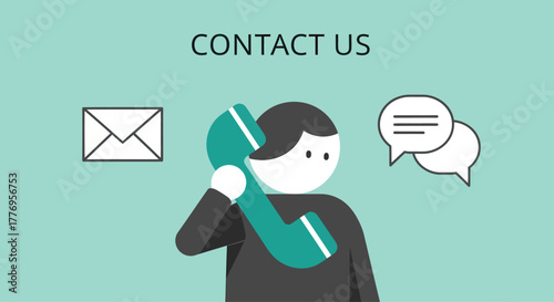 Man answering phone call with email and chat bubbles on light blue backdrop representing customer service and communication, conveying helpfulness.