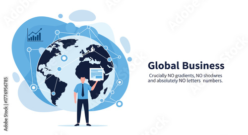 Businessman holding tablet stands in front of globe displaying data analytics in modern office representing global business and technology, symbolizing connectivity and progress.