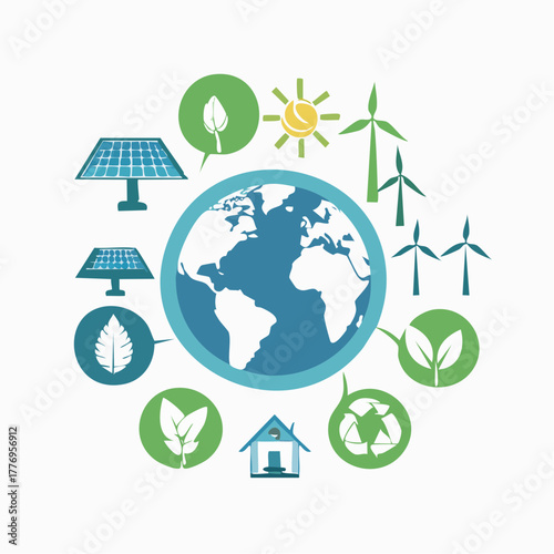 An illustration showcasing global ecological consciousness with symbols for renewable energy, sustainability, and a green lifestyle
