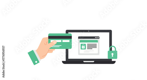 Hand holding credit card in front of laptop with secure online payment form and padlock symbolizing safe transaction, conveying trust and security.