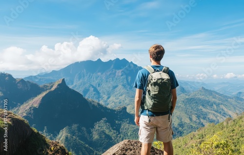 Man with backpack standing on a mountain peak, enjoying the panoramic view of the vast green landscape and sky