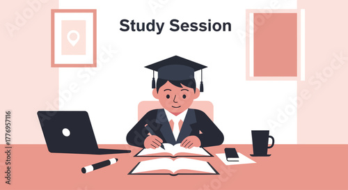 Student studies diligently at desk with open book, laptop, and coffee cup in cozy room during late night study session.