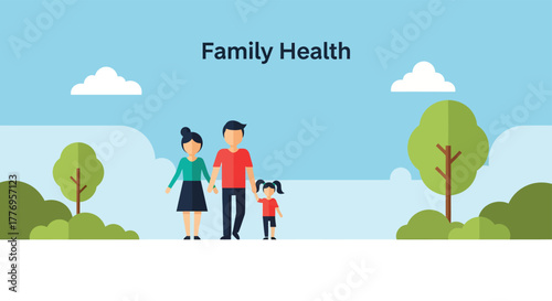 Happy family walks together in a park surrounded by trees and blue sky, enjoying a healthy lifestyle and togetherness on a bright sunny day.
