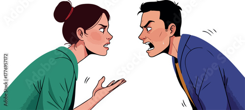 Angry Couple Arguing Intense Confrontation Green and Blue Outfits