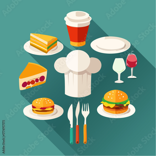 Restaurant Icon Set Featuring Cake, Burger, Coffee, and More on a Teal Background