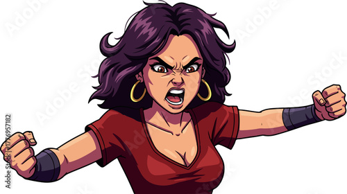 Angry Pixel Art Woman Red Shirt Determined Face Strong Arms