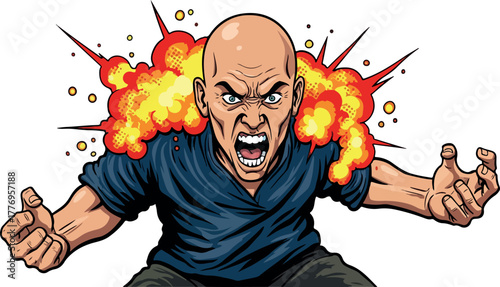 Angry Man Exploding With Rage Fiery Explosion Behind Head Blue Shirt