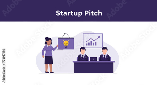 Businesswoman presents startup pitch to investors in modern office, highlighting innovative idea and financial projections, creating a hopeful atmosphere.