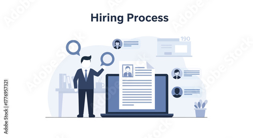 Businessman analyzing resume on laptop during hiring process in modern office, showcasing talent acquisition and recruitment strategy.