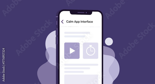 Smartphone displaying calm app interface with video and timer options on purple backdrop promoting relaxation and mindfulness.