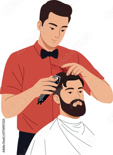 Barber cutting client's hair with clippers and comb clean background