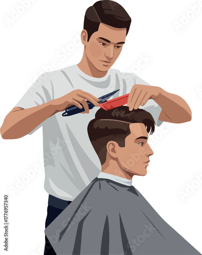 Barber Cutting Man Hair With Comb And Clippers Simple Style