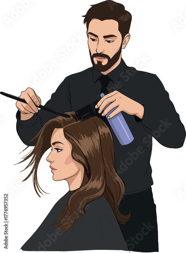 Barber Cutting Woman's Hair Using Spray Bottle And Comb White Background