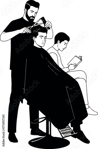 Barber Haircut Service In A Modern Salon With Two Men Customers