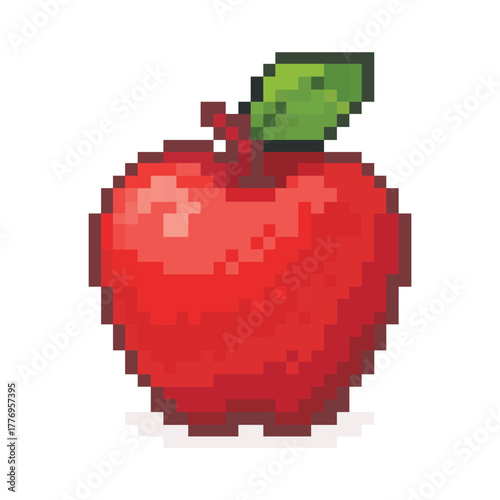 Pixel Art Red Apple with Green Leaf Icon Vector Illustration