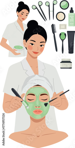 Beautician Applying Green Face Mask With Skincare Tools In Flat Design
