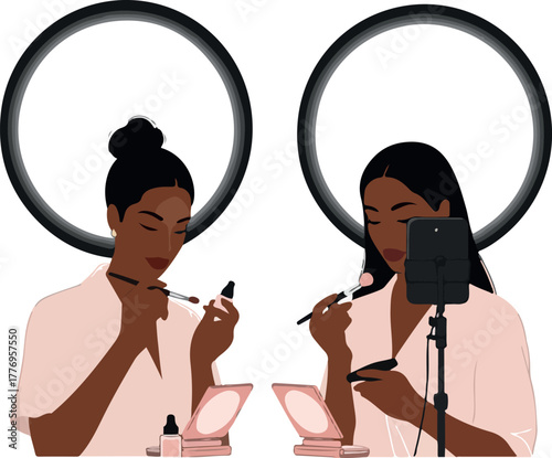 Beauty Influencers Applying Makeup With Ring Lights and Cosmetics