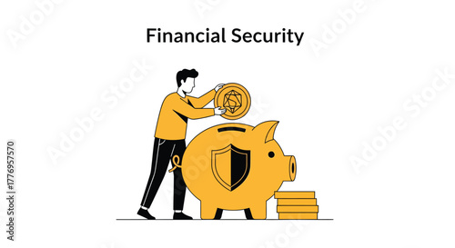 Man putting coin into piggy bank for financial security and savings on white backdrop, representing investment and future planning.