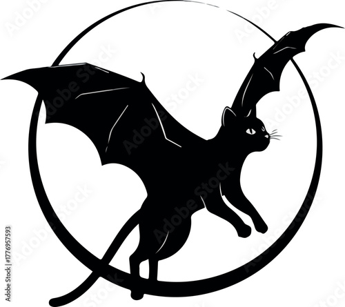 Black Cat Bat Hybrid Silhouette Flying Moon Isolated Minimalist Vector Art
