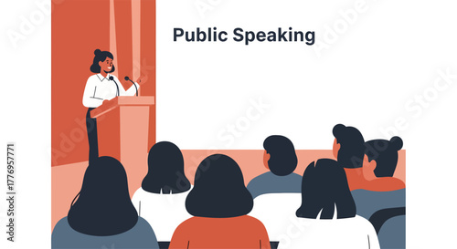 Woman giving a presentation to an audience from a podium in a conference room, showcasing public speaking skills and engagement.