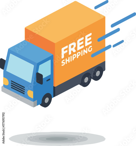 Blue And Orange Free Shipping Delivery Truck Moving Fast Isometric Vector