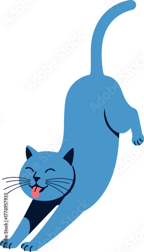 Blue Cat Stretching and Yawning Flat Design Isolated Vector