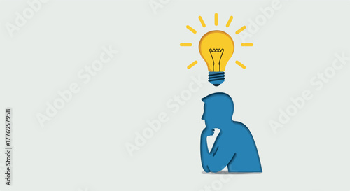 Blue Person Thinking With Bright Yellow Lightbulb Idea Icon On Grey Background Flat Design