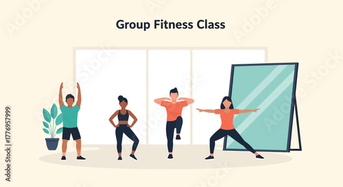 People exercising in group fitness class at gym, performing various exercises with enthusiasm and energy, promoting healthy lifestyle.