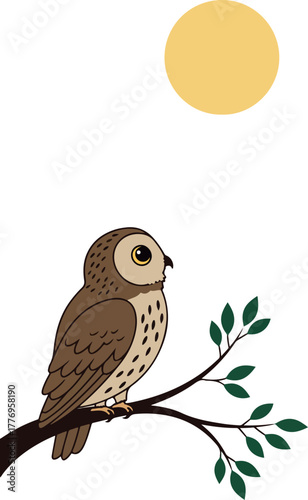 Brown Owl Sitting On A Branch Under The Yellow Sun Minimalist Illustration