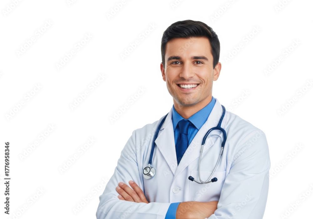 Fototapeta premium Smiling male doctor wearing white coat and stethoscope isolated on transparent background