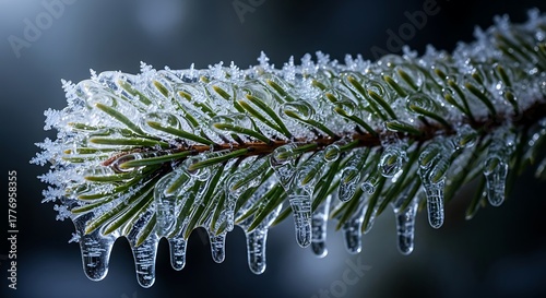 Pine branch covered in ice glistens in winter sunlight, creating a beautiful and serene scene in the frosty forest, showcasing the delicate beauty of nature.