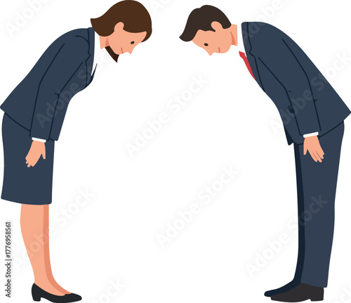 Business People Bowing Respectfully In Dark Blue Suits White Background