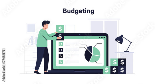 Man stacking dollar blocks next to laptop displaying financial charts in modern office, representing budgeting and financial planning, optimistic mood.