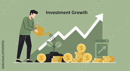 Man watering small plant surrounded by gold coins, symbolizing investment growth and financial success in a business setting, optimistic and promising.