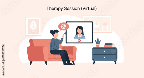 Woman attends virtual therapy session from her living room, discussing her feelings with a therapist on a video call, seeking mental wellness and support.