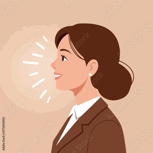 Business Woman Speaking Smiling Beige Suit Minimal Illustration Flat Design