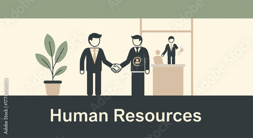 Businessmen shaking hands in modern office representing human resources with teamwork and collaboration, creating a professional atmosphere.