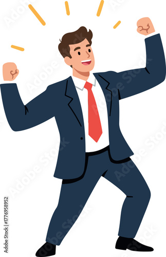 Businessman Celebrating Success Blue Suit Red Tie Jubilant Joyful Victory