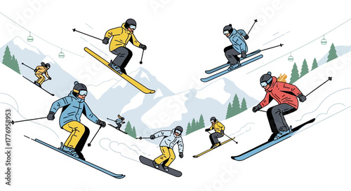 Skiers and snowboarder descend a snowy mountain landscape with ski lifts and trees