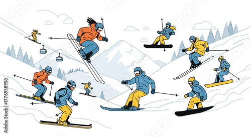 Skiers and snowboarders on snowy slopes against mountains and trees