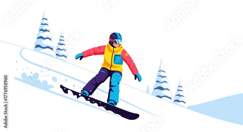 Snowboarder rides down snowy slope with trees in background