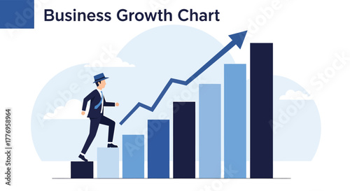 Businessman climbs up business growth chart towards success, symbolizing ambition and progress in a competitive corporate environment.