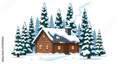 Snowcovered log cabin nestled among snowladen evergreen trees in a wintery landscape