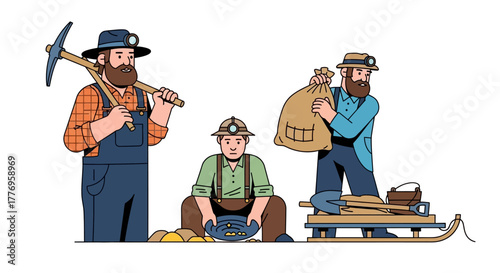 Three miners toil one holds a pickaxe one pans for gold one lifts a sack of mined materials