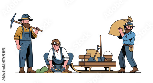Three gold miners working one with a pickaxe one panning and one carrying a sack near mining tools