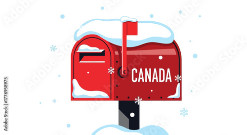 Snowy Canada mailbox Red box snowcovered top CANADA text and snowflakes