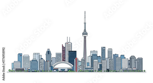 Toronto skyline buildings CN Tower stadium  cityscape against white background