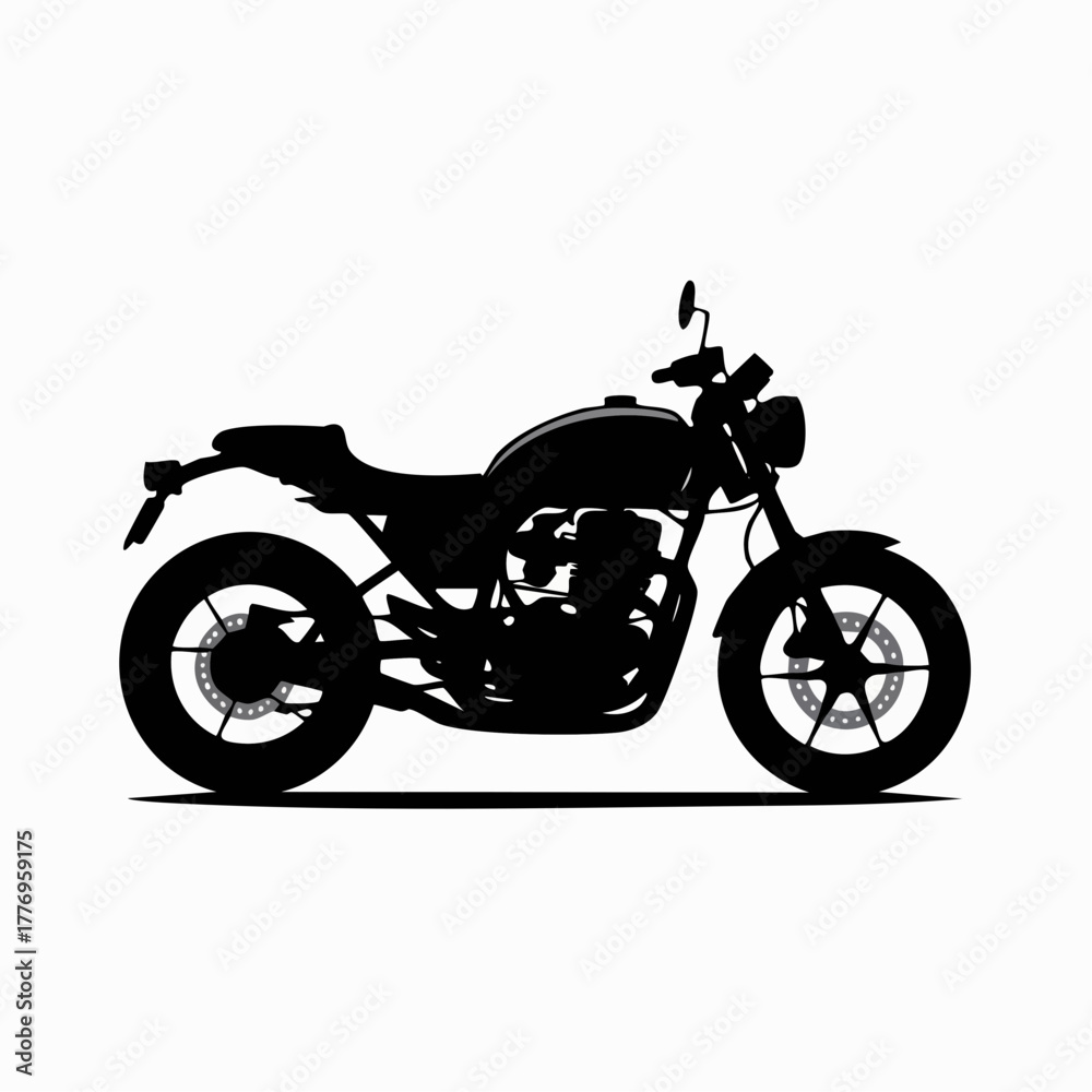 Fototapeta premium Black silhouette of a classic cafe racer motorcycle in side profile on a clean white background.