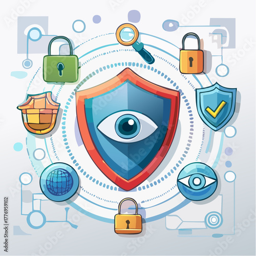 Cyber Security Protection Eye Shield with Padlocks and Magnifying Glass Illustration