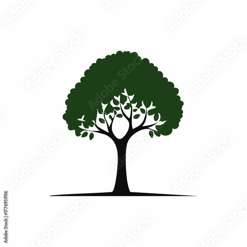 A stylized illustration of a vibrant green tree with a sturdy black trunk and a full, rounded canopy, standing on a dark base.